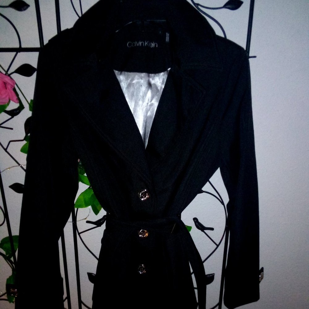 Calvin Klein Black Hooded Raincoat,  SIlver Satin Lining, Size Small NWOT